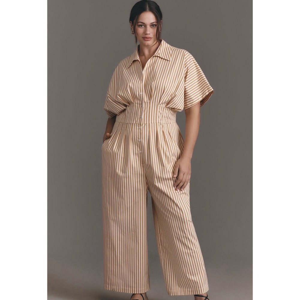 Exquise Tobie Striped‎ Button Front Cropped Jumpsuit 1X Plus NWT $198